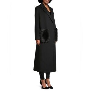 New Kobi Halperin Notched Collar Wool Blend Coat Fur Pockets Shearling Black XS